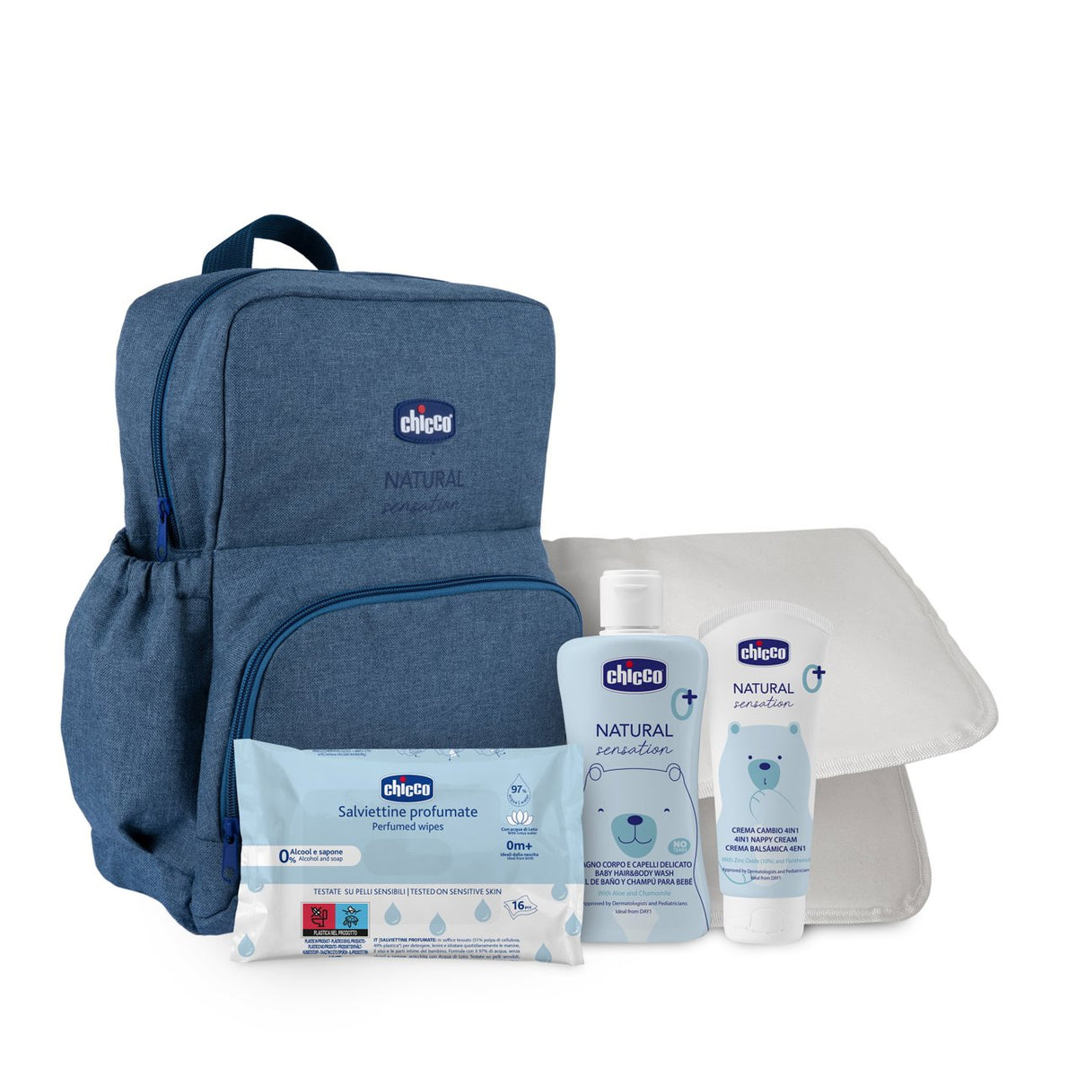 Chicco Zaino Natural Sensation con Crema cambio 4in1, Bagno Corpo e Capelli, Salviettine Profumate, Materassino cambio