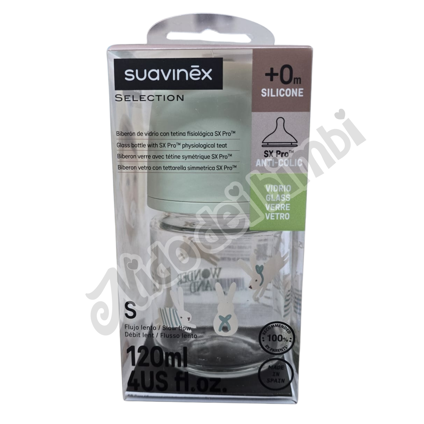 Suavinex Selection - Biberon in vetro 120 ml - Flusso Lento 0m+
