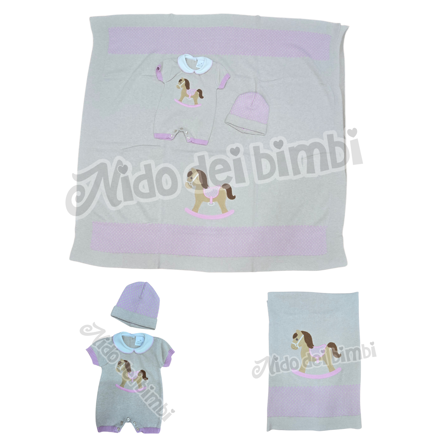 Corredino Baby 0-3 mesi - Copertina+Pagliaccetto+Cappellino in filo - 100% Cotone