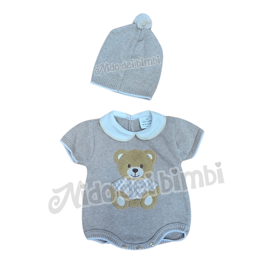 Corredino Baby 0-3 mesi Pagliaccetto + Cappellino in filo - 100% Cotone - Orsetto Tortora