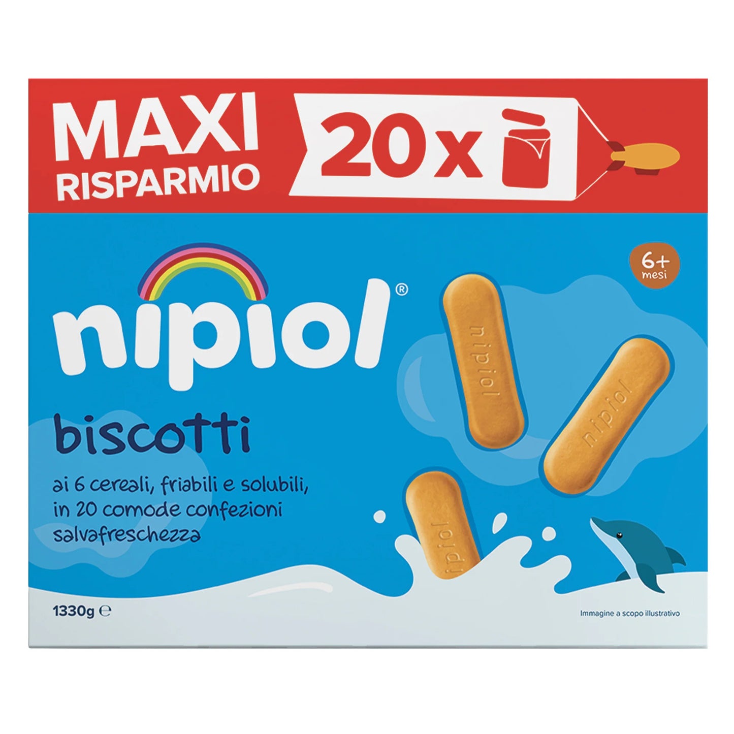 Nipiol Biscotti - Formato Convenienza da 1330 gr - ai 6 cereali, friabili e solubili, in 20 comode confezioni salvafreschezza