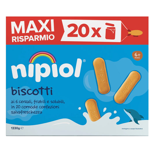 Nipiol Biscotti - Formato Convenienza da 1330 gr - ai 6 cereali, friabili e solubili, in 20 comode confezioni salvafreschezza
