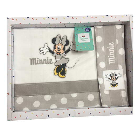Set Lenzuola per Lettino Minnie Grigio 100% Cotone