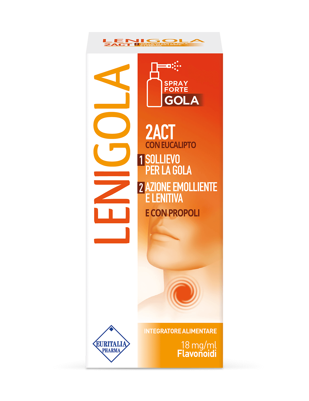 Lenigola Spray Forte - Integratore Alimentare - 2Act con Eucalipto - Sollievo per la gola - Azione emolliente e lenitiva- con Propoli - 18 ml