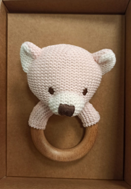 Kiokids Sonaglio Peluche in Cotone e Legno Massaggiagengive - 13 cm Orso 2m+