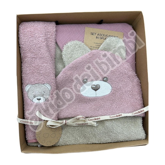 Coccolissimi Kit Regalo Teddy - Accapatoio Triangolo + Asciugamano + Mussola 100% Cotone