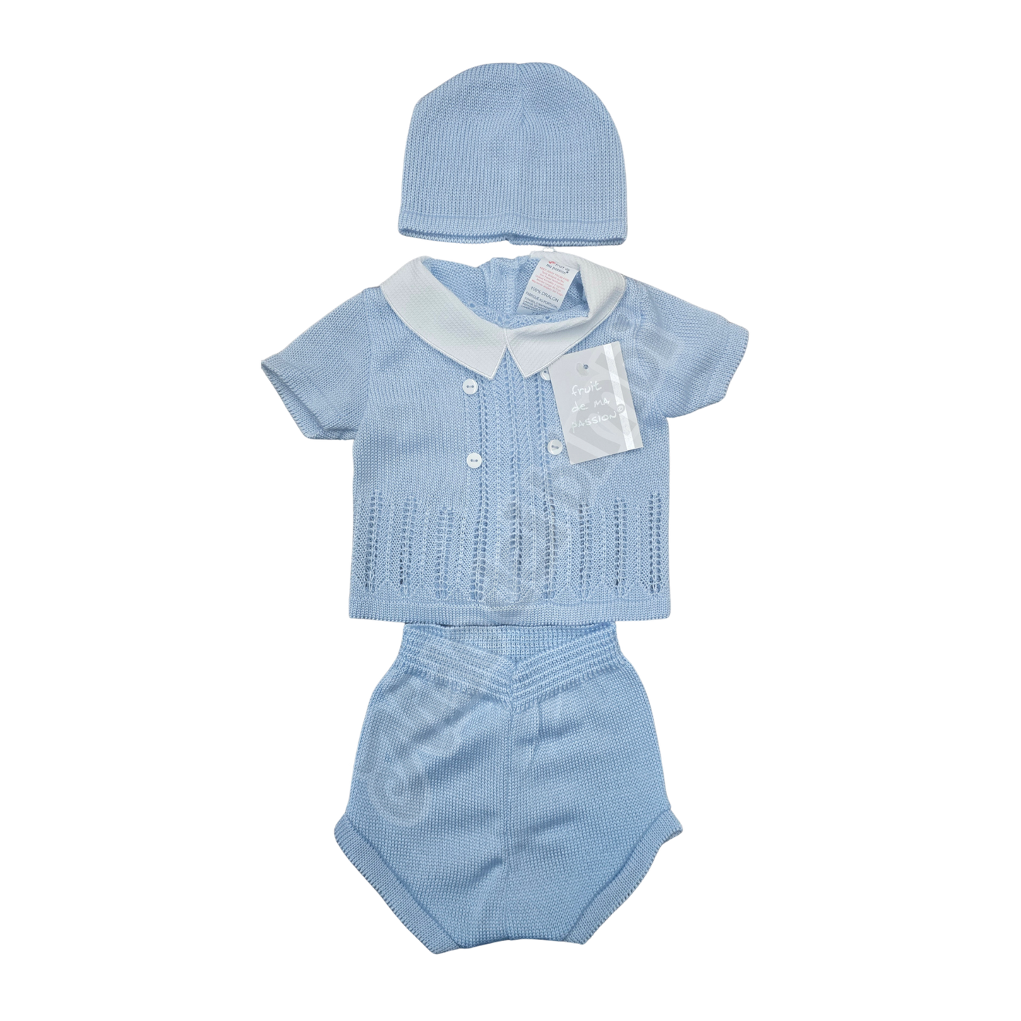 Fruit de ma passion Set 3 pezzi Maglia, pantalone copripannolino e cappello 100% fibra acrilica - Col. Perla Azzurro