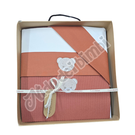 Coccolissimi Copertina Waffle + Lenzuola 3 pz Carrozzina Serie Teddy Terracotta - 70x90 cm