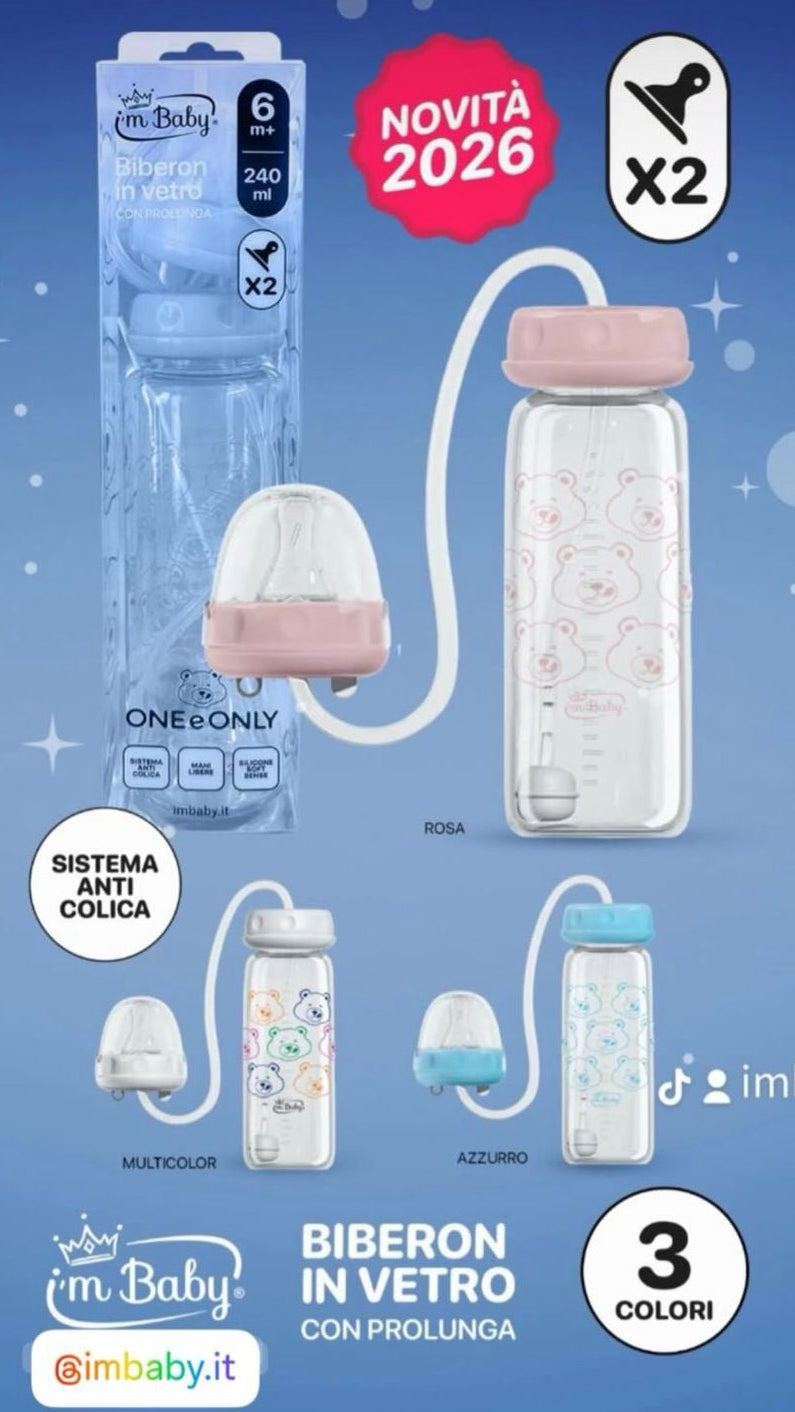 I'm Baby Biberon in Vetro con prolunga 240 ml adatto dai 6 mesi