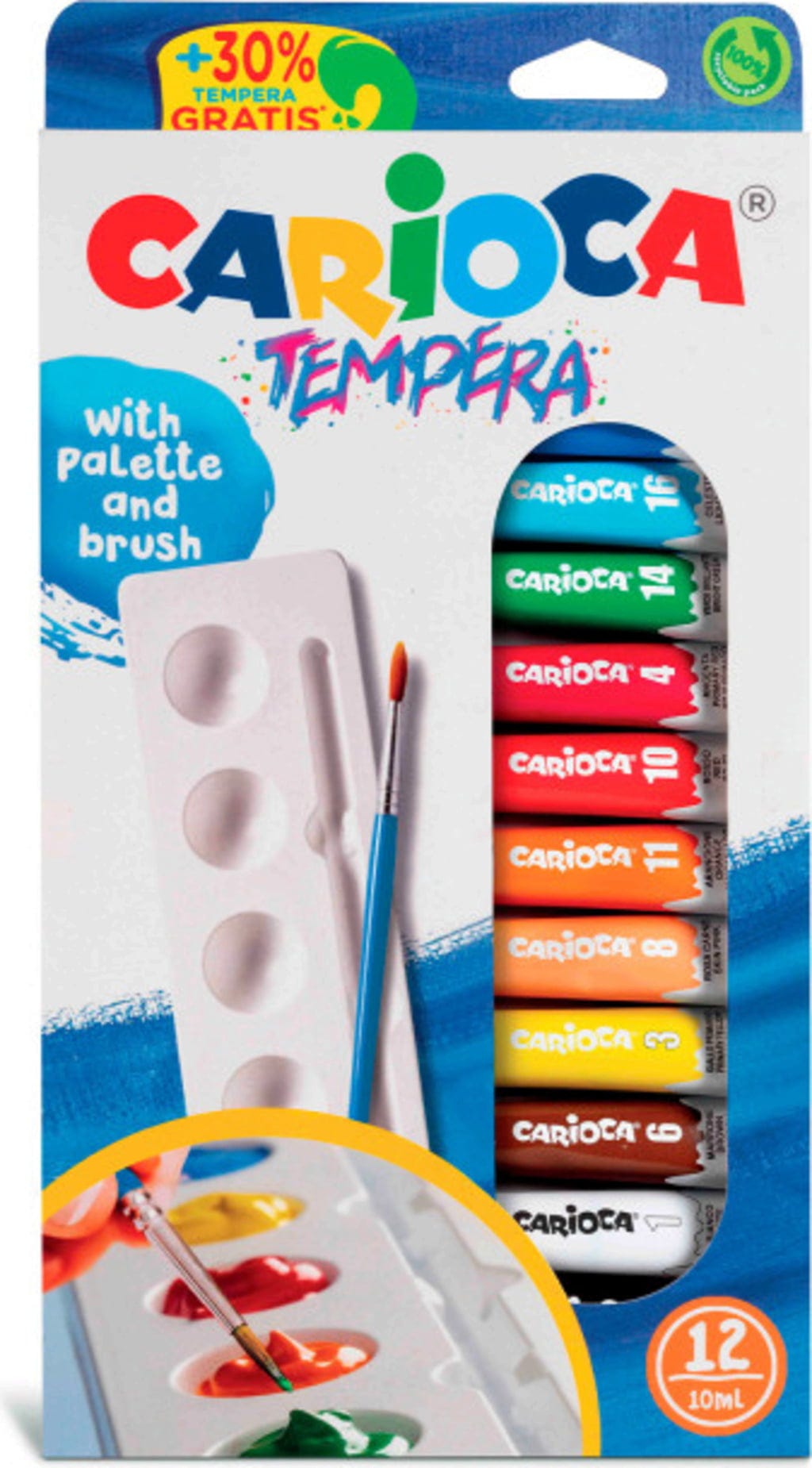 Carioca - Tempere in tubetto 12 colori 10 ml con palette e pennello 40012