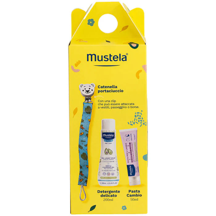 Mustela Set Regalo - Catenella portaciuccio + Detergente Delicato 200 ml + Pasta Cambio 50 ml