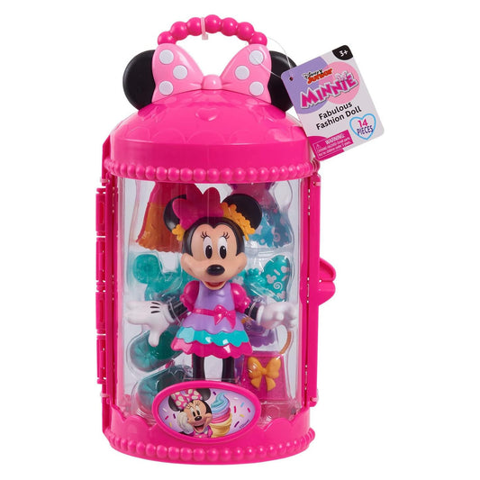 Disney Junior Minnie Mouse Sweet Party – Bambola con 14 Accessori Moda, Vestiti e Borsetta, Gioco di Stile 3+