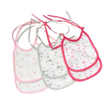 Melanie Set 6 Bavaglini 100% Cotone Stampati Interlock con laccetti 16x15 cm