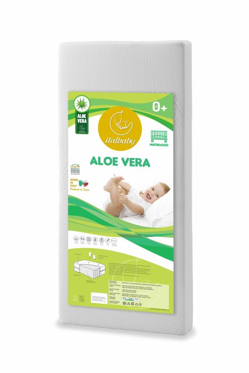 Materasso per Lettino 60x125 cm Made in Italy - Sfoderabile, antiacaro, antisoffoco, lastra in poliuretano, rivestimento in tessuto stretch Aloe Vera