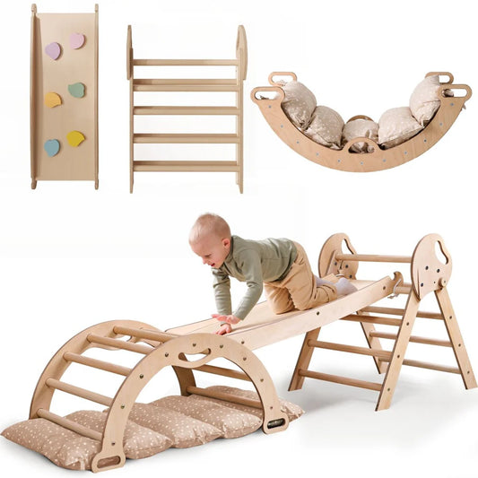 Moni Toys Triangolo di Pikler Montessori 3 in 1 - struttura in legno, con arco e rampa