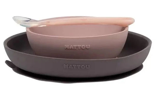 Nattou Set Pappa in Silicone 3 pz Piatto fondo con ventosa, piatto piano con ventosa e cucchiaino in silicone