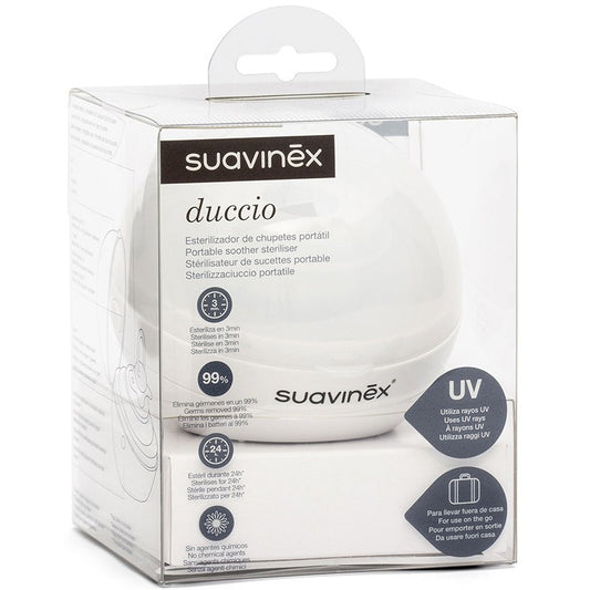 Suavinex DUCCIO - Sterilizzatore portatile per succhietti a luce UV, con USB o con batterie, Sterilizza in 3 minuti, Uccide il 99% dei germi, Bianco