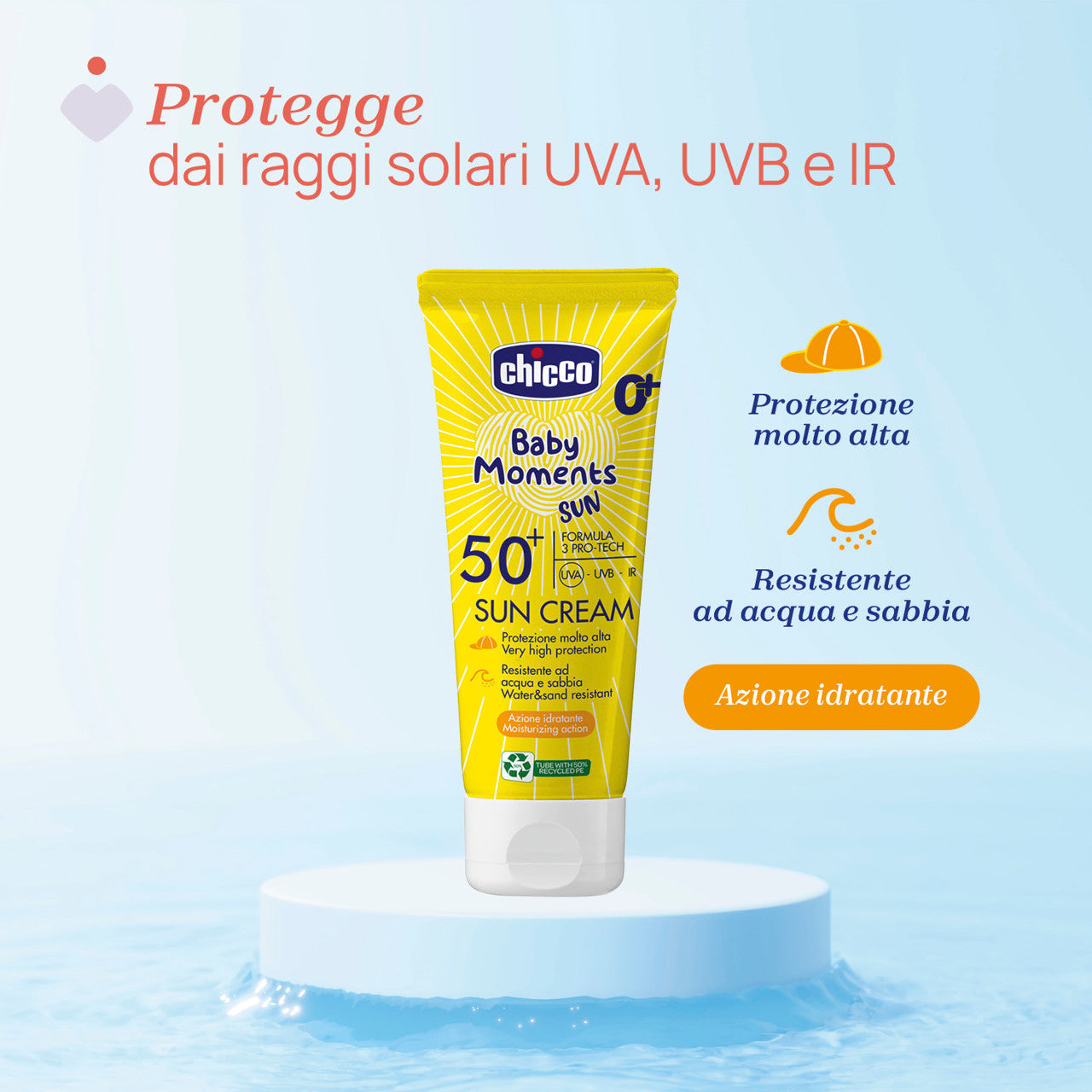 Chicco Crema Solare SPF 50+. Protezione molto alta.  ETÀ CONSIGLIATA 0M+