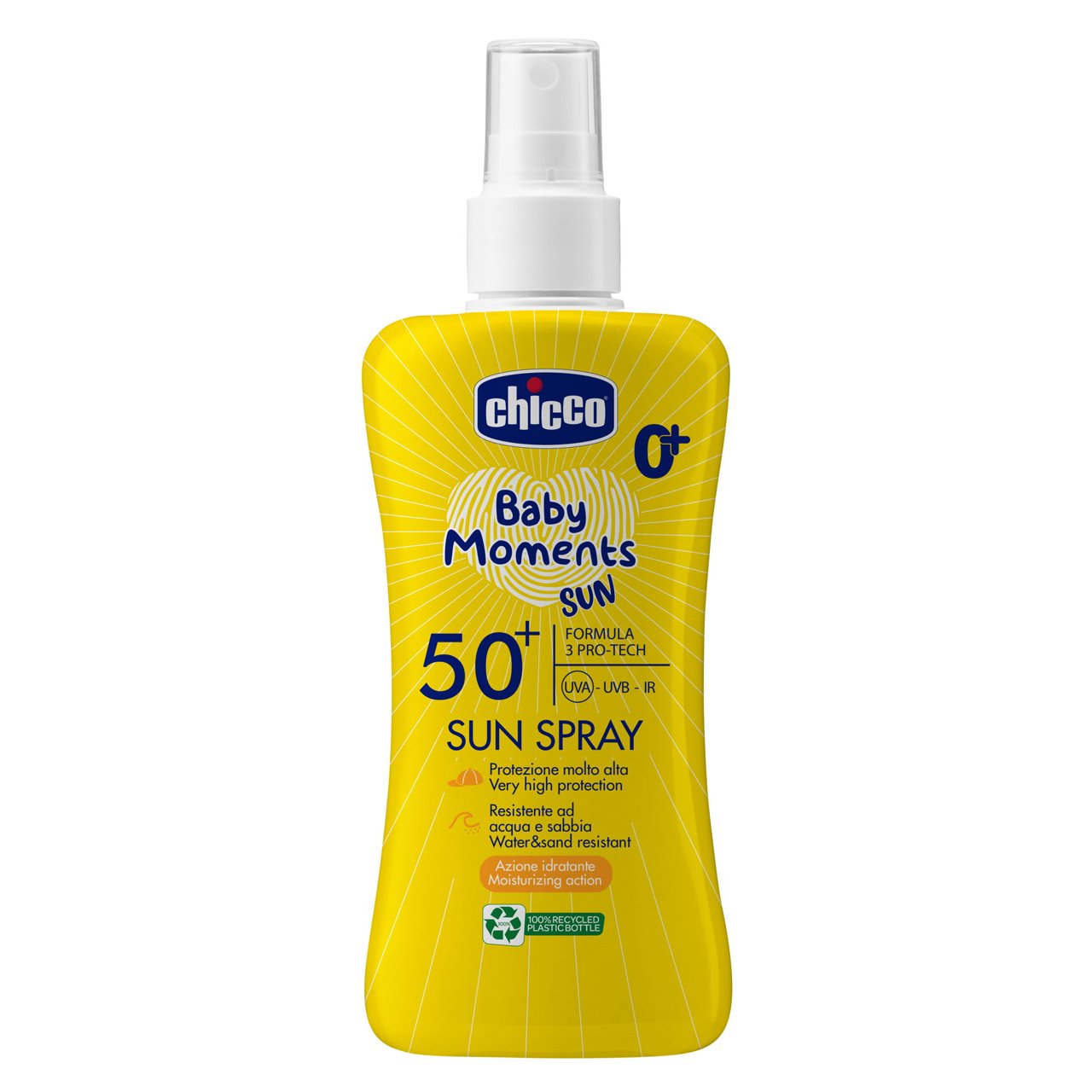 Chicco SPF 50+ Latte Solare Spray. Protezione molto alta.  ETÀ CONSIGLIATA 0M+