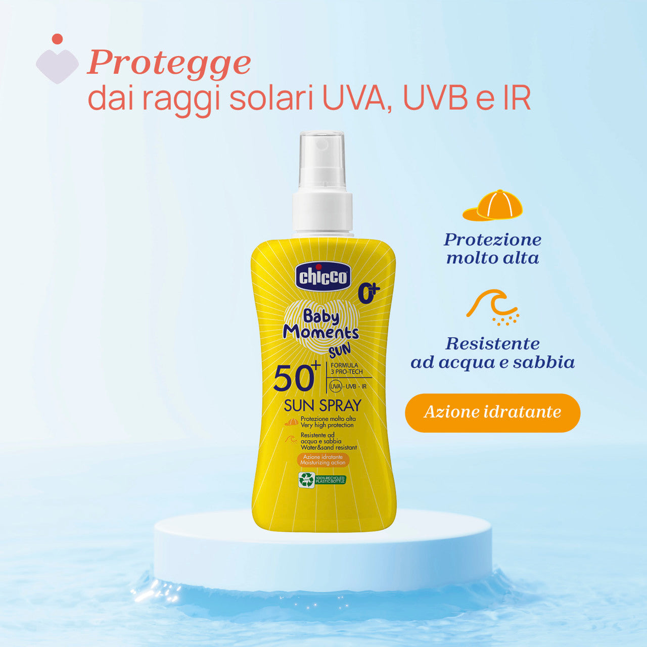 Chicco SPF 50+ Latte Solare Spray. Protezione molto alta.  ETÀ CONSIGLIATA 0M+