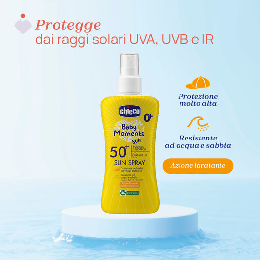 Chicco SPF 50+ Latte Solare Spray. Protezione molto alta.  ETÀ CONSIGLIATA 0M+