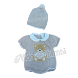 Corredino Baby 0-3 mesi Pagliaccetto + Cappellino in filo - 100% Cotone - Orsetto Tortora