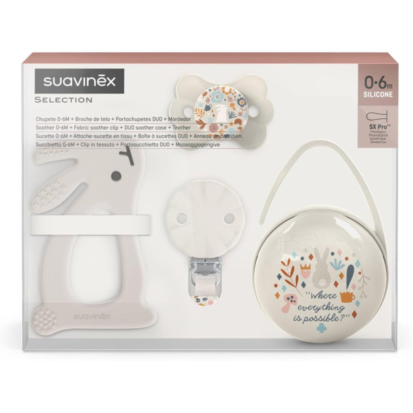 Suavinex Set Regalo - Succhietto 0-6m - Clip in tessuto - Portasucchietto Duo - Massaggiagengive