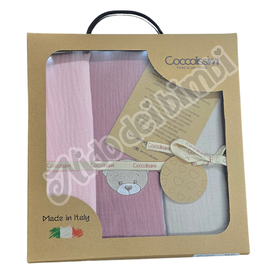 Coccolissimi Tris di Mussole Serie Teddy 70x70 cm 100% Cotone