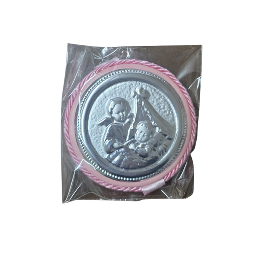Capoculla Angioletti Neonato Regalo per Nascita Bimba Bimbo, Medaglione Culla Neonato, Coccarda per Carrozzina Portafortuna Neonato