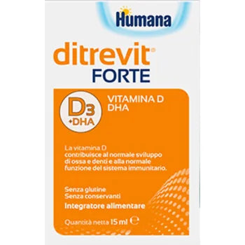 Humana Ditrevit Forte Vitamina D3+DHA - Integratore Alimentare - senza glutine e lattosio - 15 ml