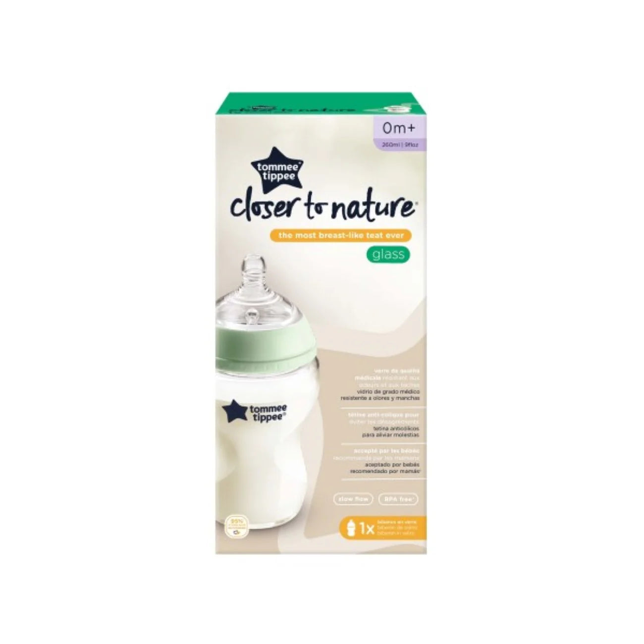 Tommee Tippee Biberon in Vetro 260 ml 0m+ Flusso Lento con tettarella in Silicone
