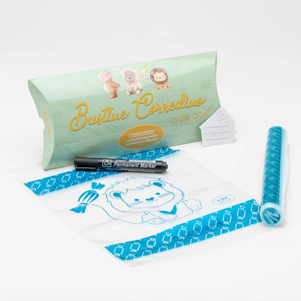 Mella Kids Bustine Corredino 6 pz - trasparenti 25x32 cm con cursore + 6 etichette segnanome + 1 pennarello indelebile