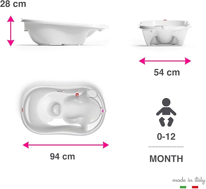 Ok Baby Onda Evolution - Vaschetta con doppia seduta antiscivolo e termometro - 0/12 mesi - Col. Bianco