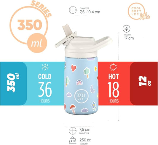 Cool Bott Les Kids - Bottiglia in acciaio inossidabile 304 a tripla parete, fino a 36 ore freddo e 18 ore  caldo - 350 ml
