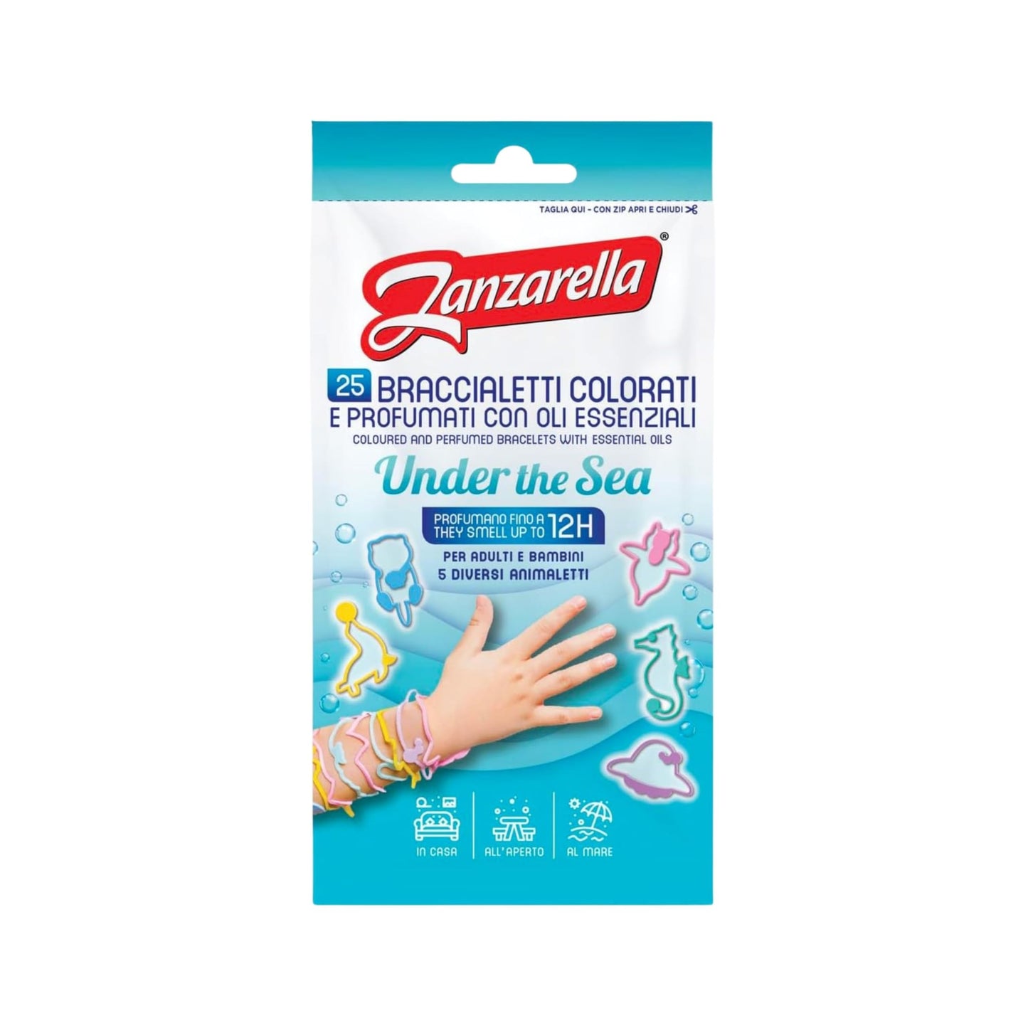 Zanzarella 25 Braccialetti Colorati e profumati con Oli essenziali - profumano fino a 12 ore per adulti e bambini - 5 animaletti diversi