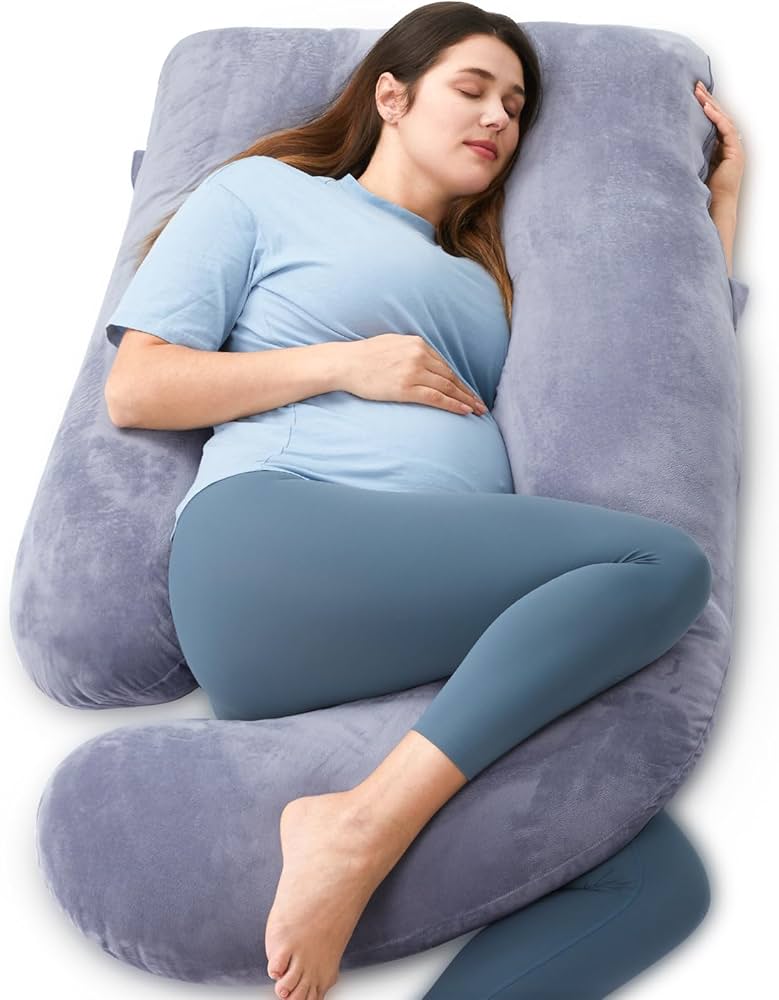 Momcozy Cuscino Gravidanza in Velluto – Cuscino a Forma di U per Dormire in Gravidanza 145cm, Supporto per Schiena, Pancia, Gambe e Fianchi – Cuscino Gravidanza per Dormire Laterale