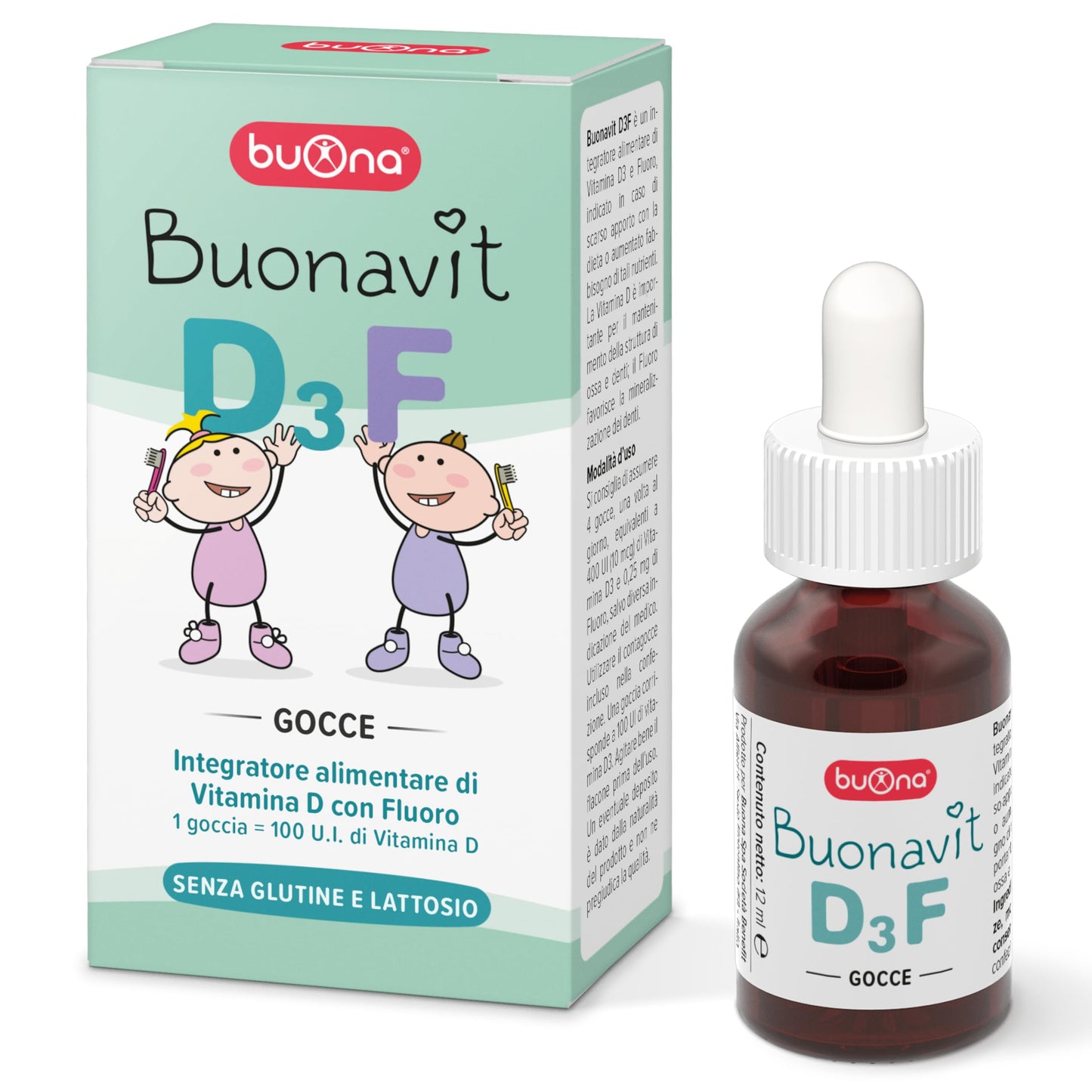 Buonavit D3F Gocce - Integratore Alimentare a base di Vitamina D con Fluoro - senza glutine e lattosio - 12 ml