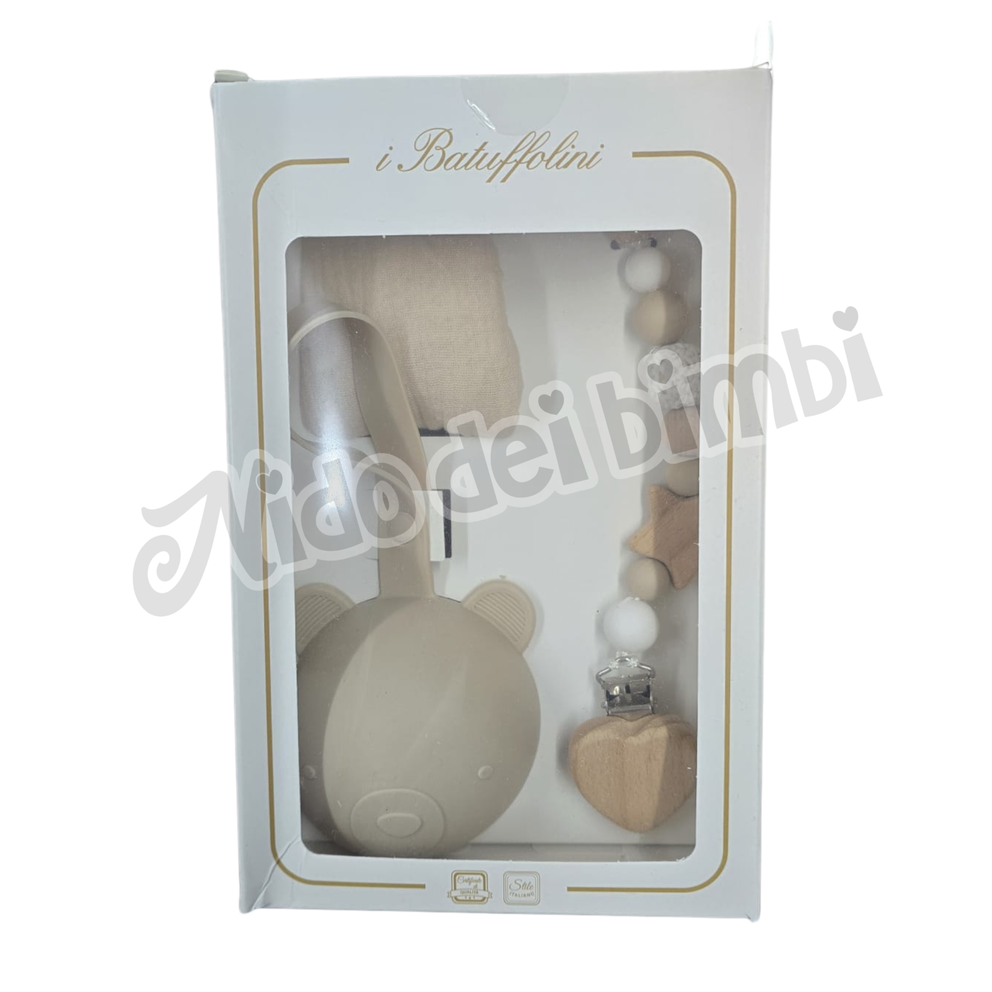 Batuffolini Set Regalo Dou Dou in garza di cotone + Portaciuccio in Silicone+ Catenella per ciuccio in legno e silicone
