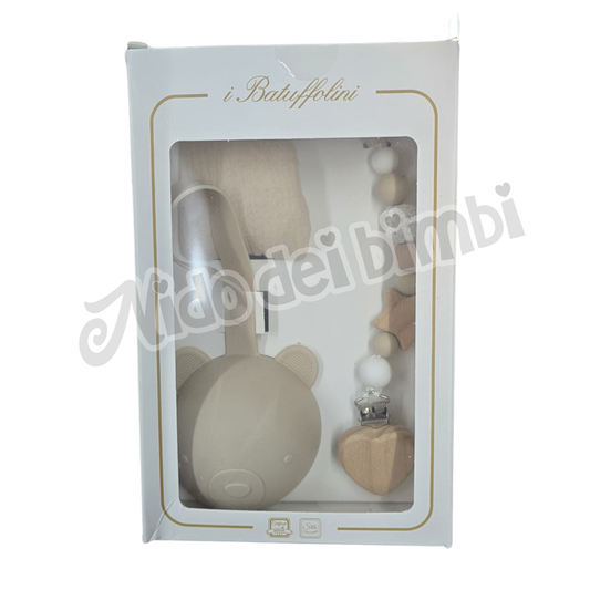 Batuffolini Set Regalo Dou Dou in garza di cotone + Portaciuccio in Silicone+ Catenella per ciuccio in legno e silicone