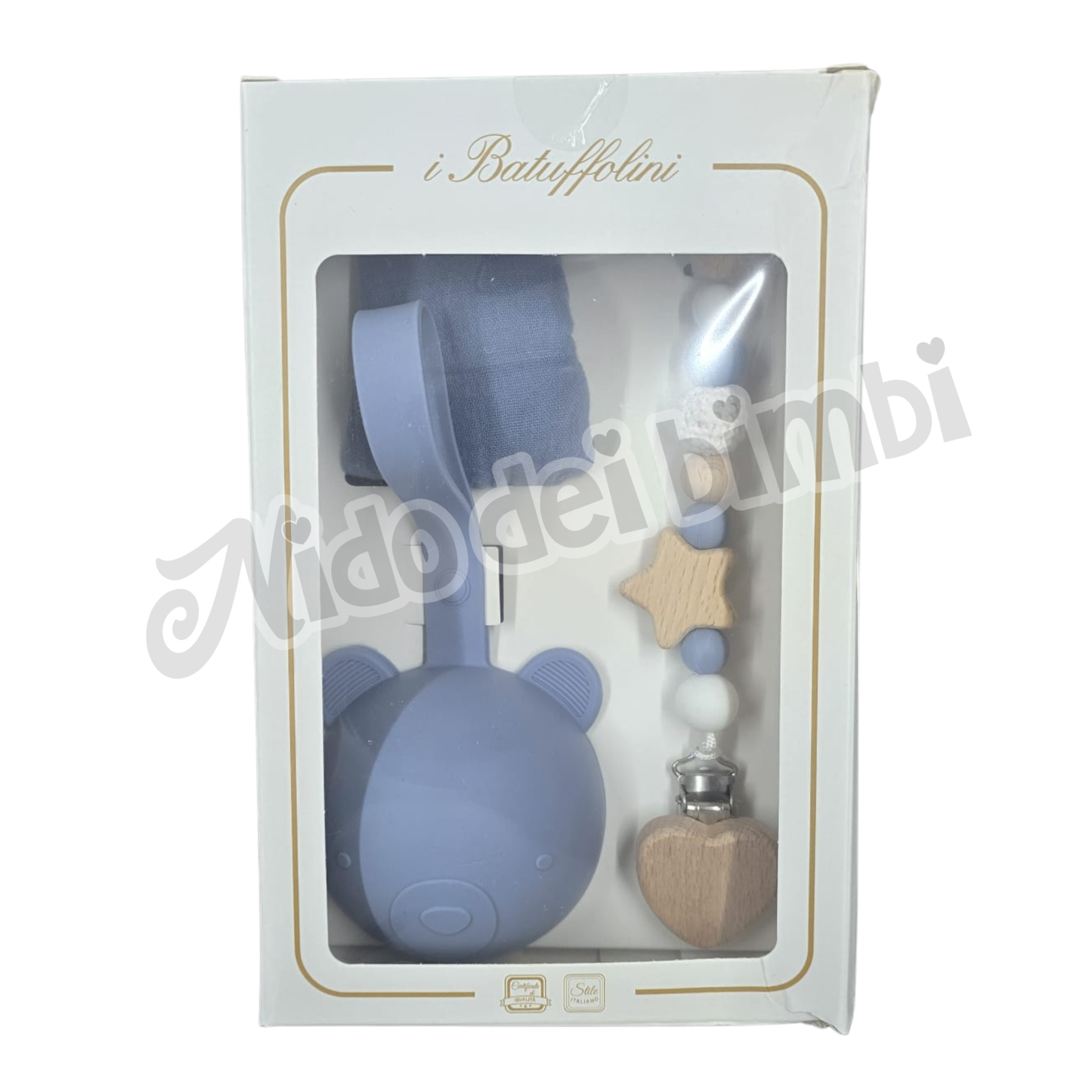Batuffolini Set Regalo Dou Dou in garza di cotone + Portaciuccio in Silicone+ Catenella per ciuccio in legno e silicone
