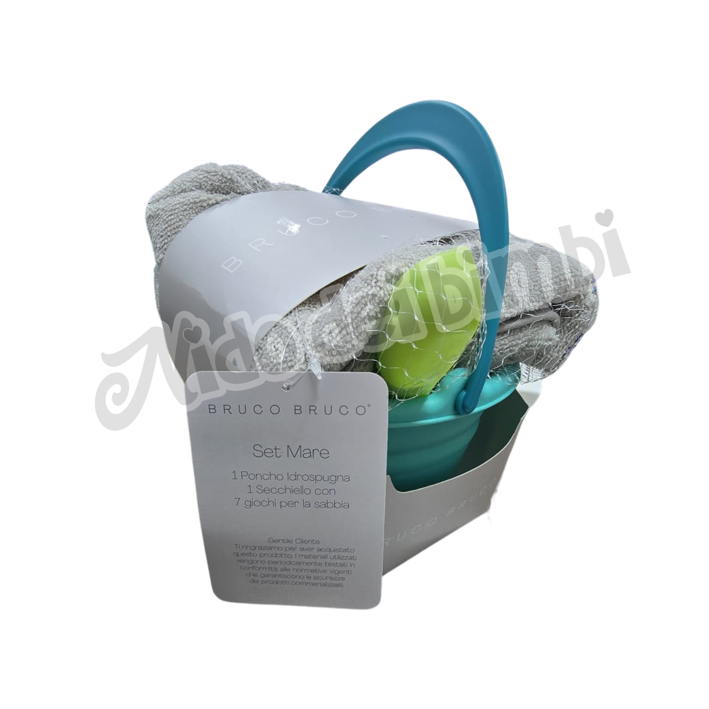 Bruco Bruco - Set Mare - 1 Poncho in Idrospugna - 1 Secchiello con 7 giochi per la sabbia