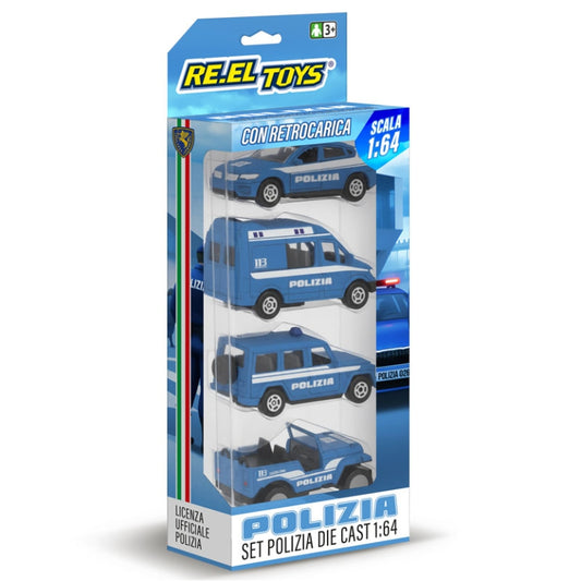 Reel Toys Set 4 Macchinine con retrocarica Polizia/Carabinieri/Vigili del fuoco Scala 1:64