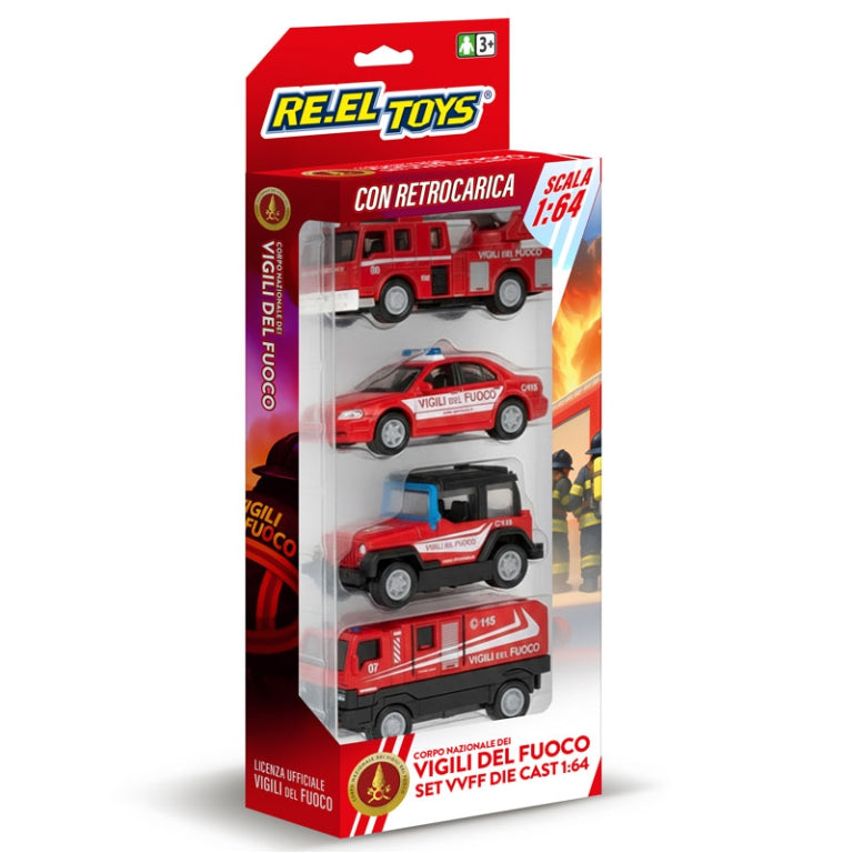Reel Toys Set 4 Macchinine con retrocarica Polizia/Carabinieri/Vigili del fuoco Scala 1:64