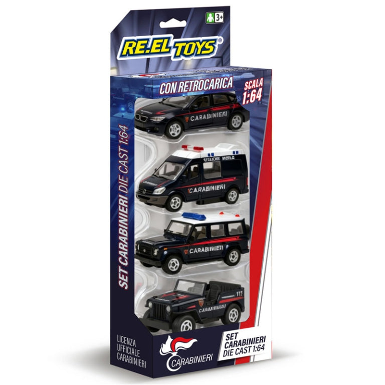 Reel Toys Set 4 Macchinine con retrocarica Polizia/Carabinieri/Vigili del fuoco Scala 1:64