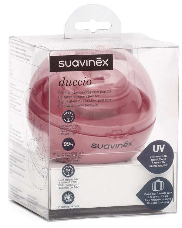Suavinex DUCCIO - Sterilizzatore portatile per succhietti a luce UV, con USB o con batterie, Sterilizza in 3 minuti, Uccide il 99% dei germi, Bianco