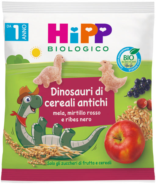 Hipp Biologico Dinosauri ai cereali antichi mela, mirtillo rosso e ribes nero - da 1 anno - 30 g