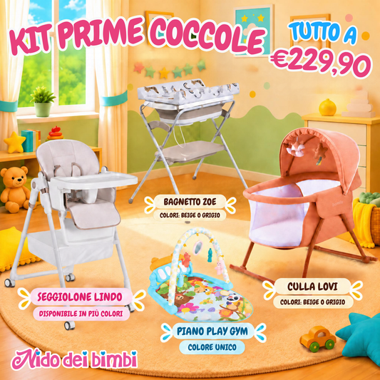 KIT PRIME COCCOLE - Seggiolone Lindo - Bagnetto Zoe - Culla Lovi - Palestrina Piano Play Gym