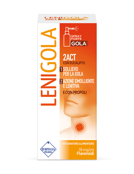 Lenigola Spray Forte - Integratore Alimentare - 2Act con Eucalipto - Sollievo per la gola - Azione emolliente e lenitiva- con Propoli - 18 ml