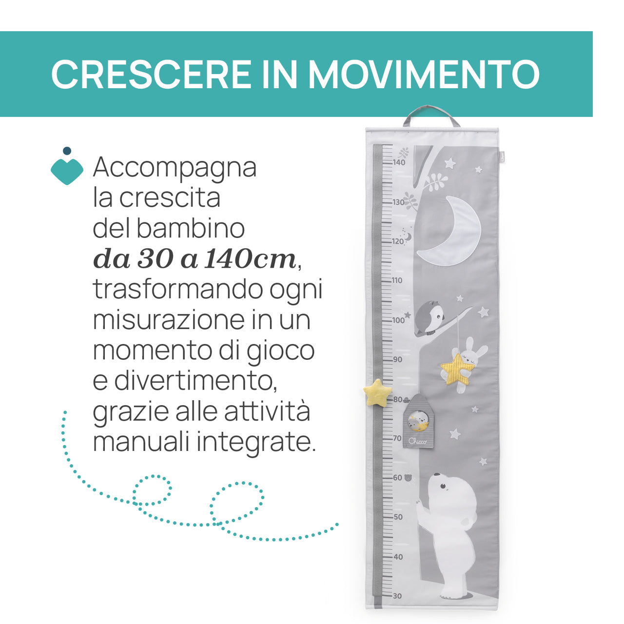 Chicco Il mio metro Crescita Multiattività - grafico di crescita giocoso e sensoriale che trasforma ogni fase della crescita in un’esperienza gioiosa.
