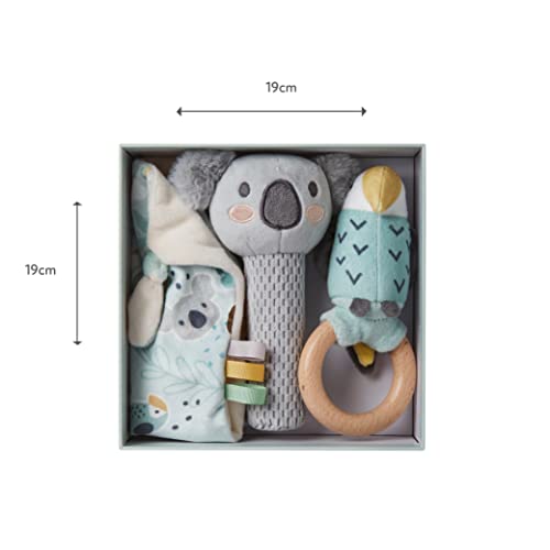 Nuby Set Regalo per bambini - Morbidissimo piumino, Koala che squittisce, Sonaglio in legno per uccellini, Scatola dei ricordi 0m+